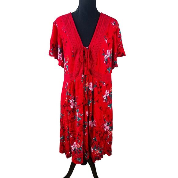 Torrid 5XL Red Floral Flutter Sleeve Lace Up Neck Dress midi sundress career - Picture 1 of 8